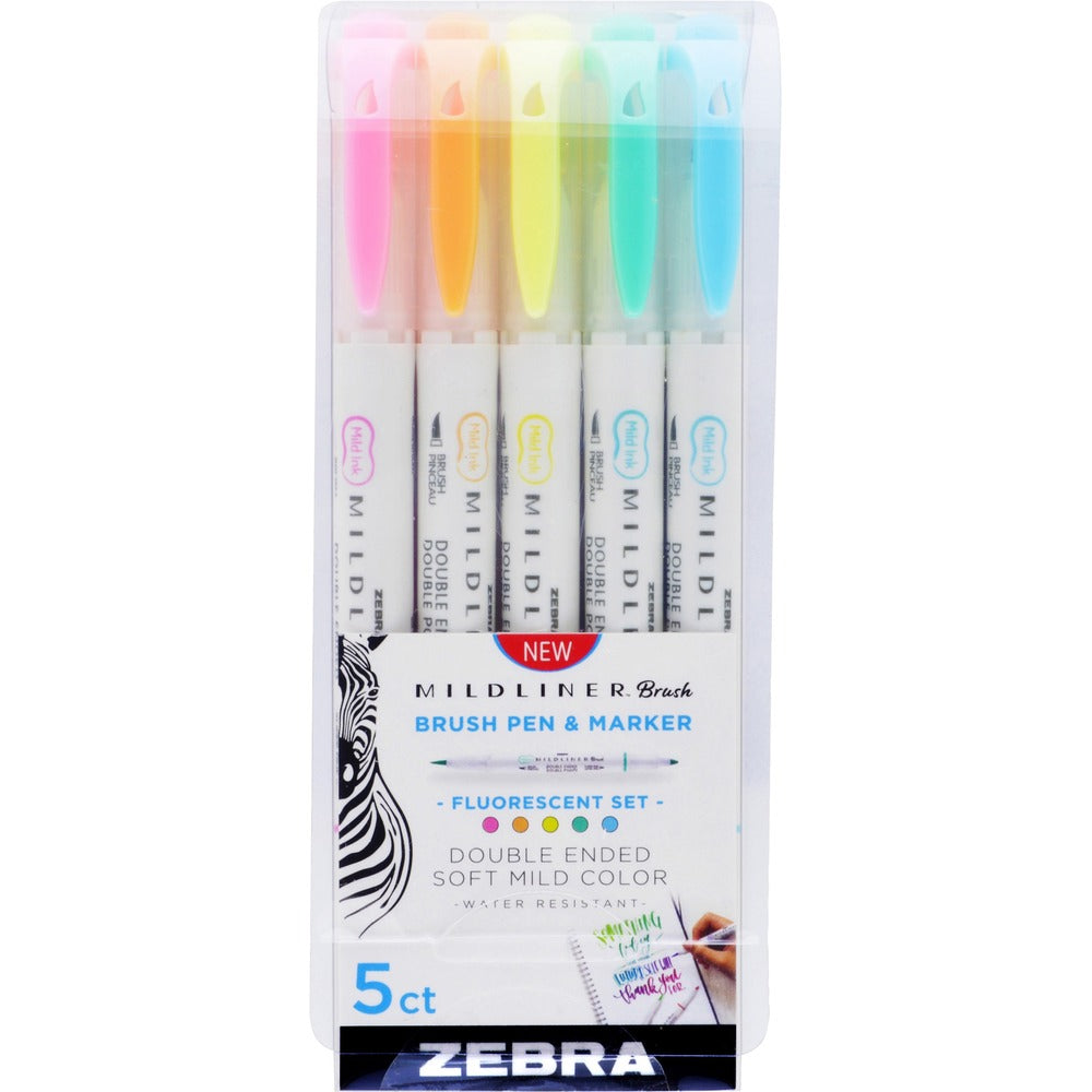 Image of Zebra® Brush Pen and Marker, Fluorescent, 1/2"x7/10x5-3/5",5/PK,AST