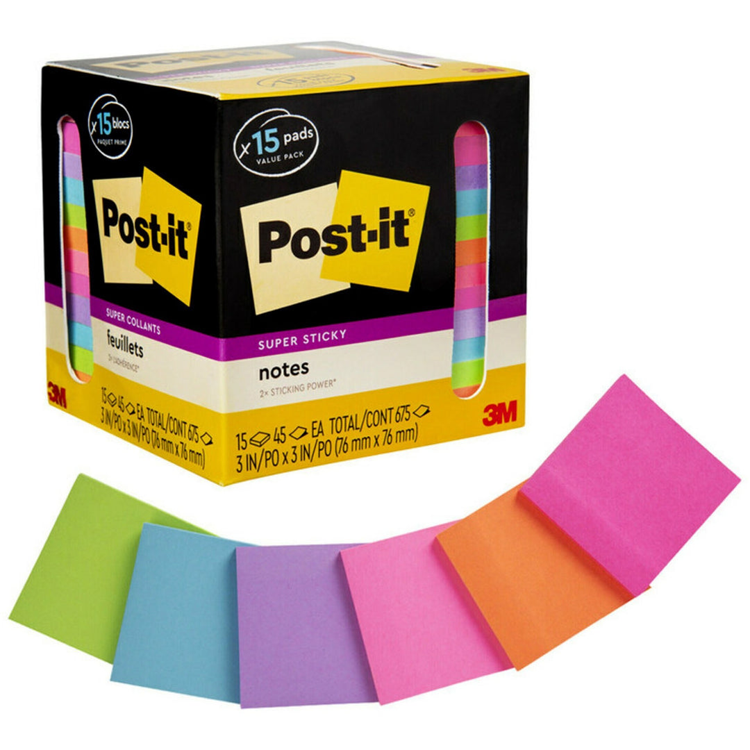 Image of 3M Post-it Notes,Super Sticky,3"x3",45Sht/PD,15PD/PK,AST