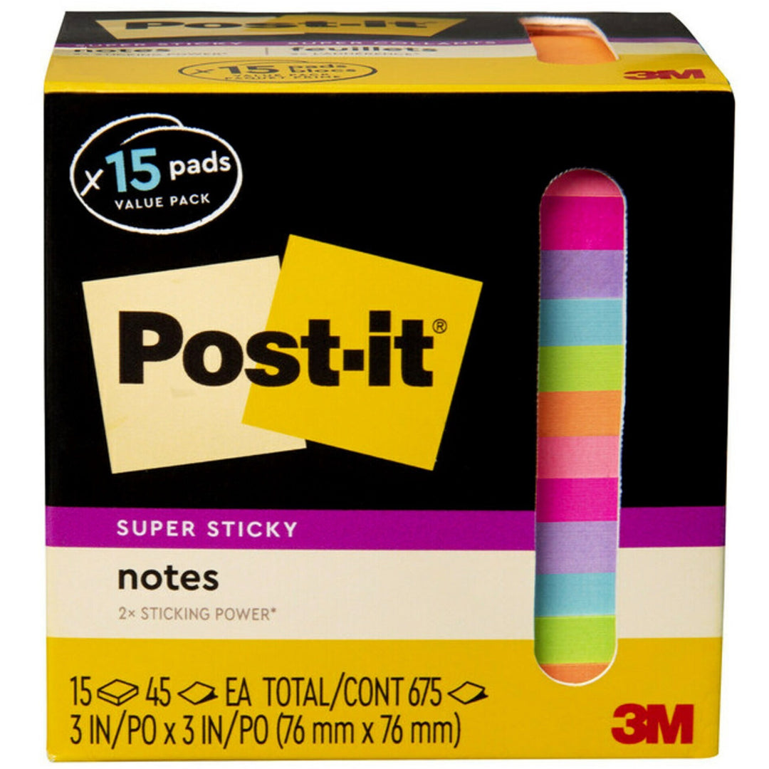 Image of 3M Post-it Notes,Super Sticky,3"x3",45Sht/PD,15PD/PK,AST