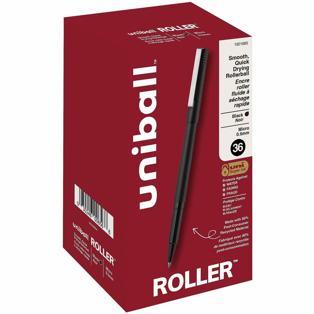 Image of uniball™ Classic 1921065 Roller Rollerball Pen, 0.5 mm Pen Point, Black Ink, Liquid, Black Barrel, 36 / Pack