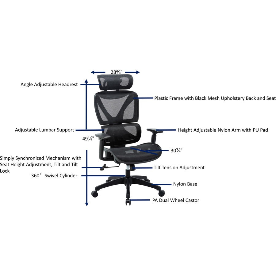 Image of Lorell High-Back Chair,w/Headrest,Mesh,28-3/8"x30-3/4",49-1/4",BK