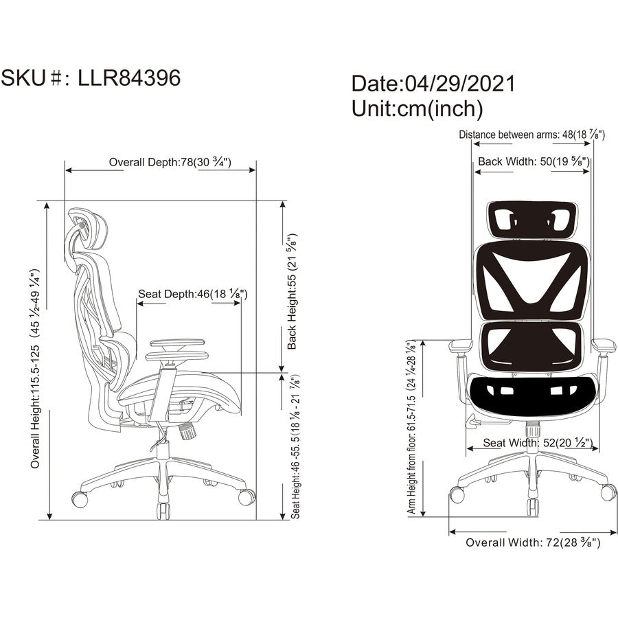 Image of Lorell High-Back Chair,w/Headrest,Mesh,28-3/8"x30-3/4",49-1/4",BK