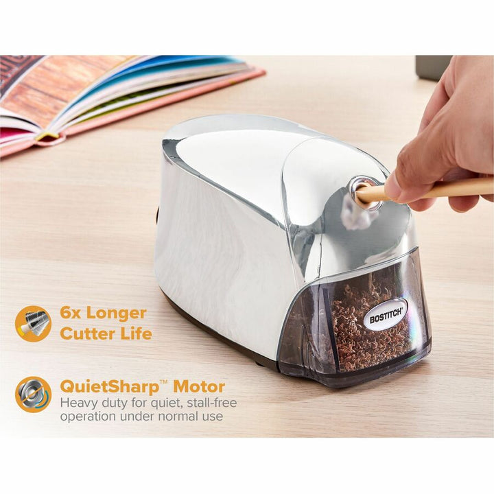 Image of Bostitch® Pencil Sharpener, Electric, Tip Saver, 4"x7-1/2"x5", Chrome