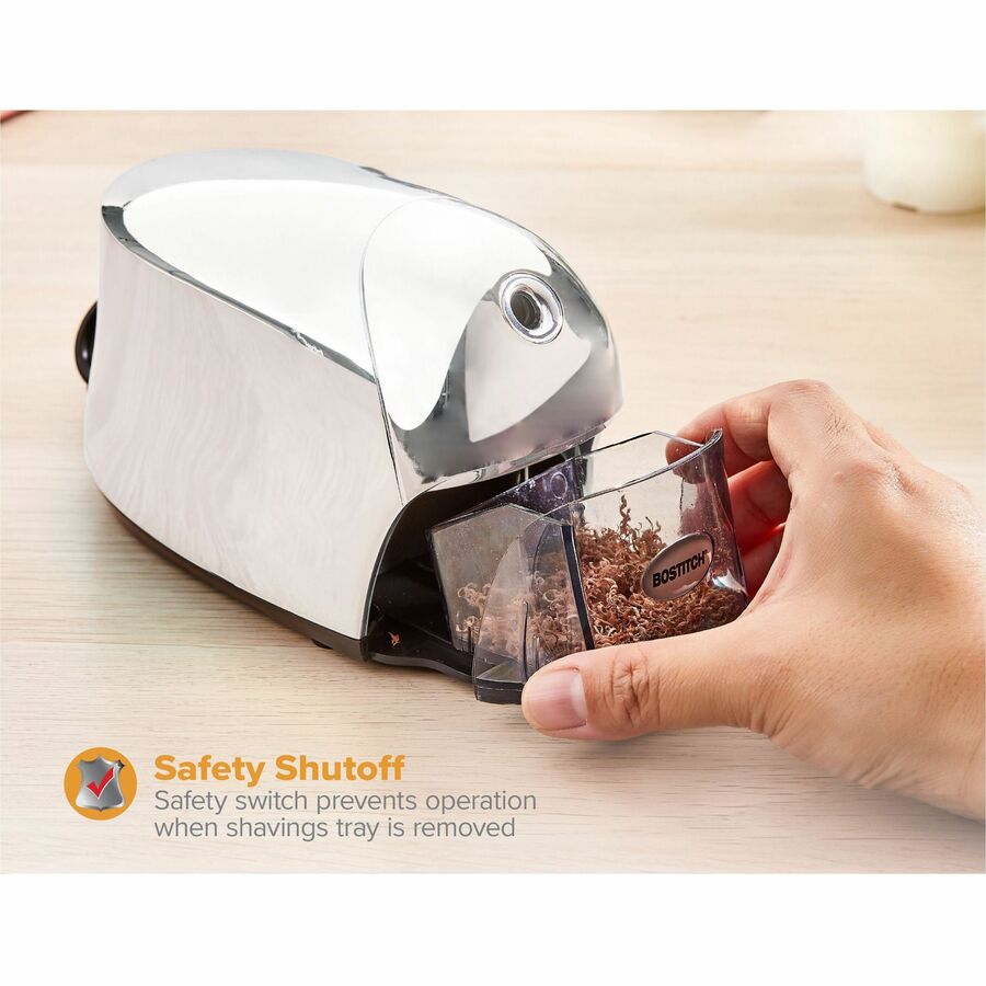Image of Bostitch® Pencil Sharpener, Electric, Tip Saver, 4"x7-1/2"x5", Chrome