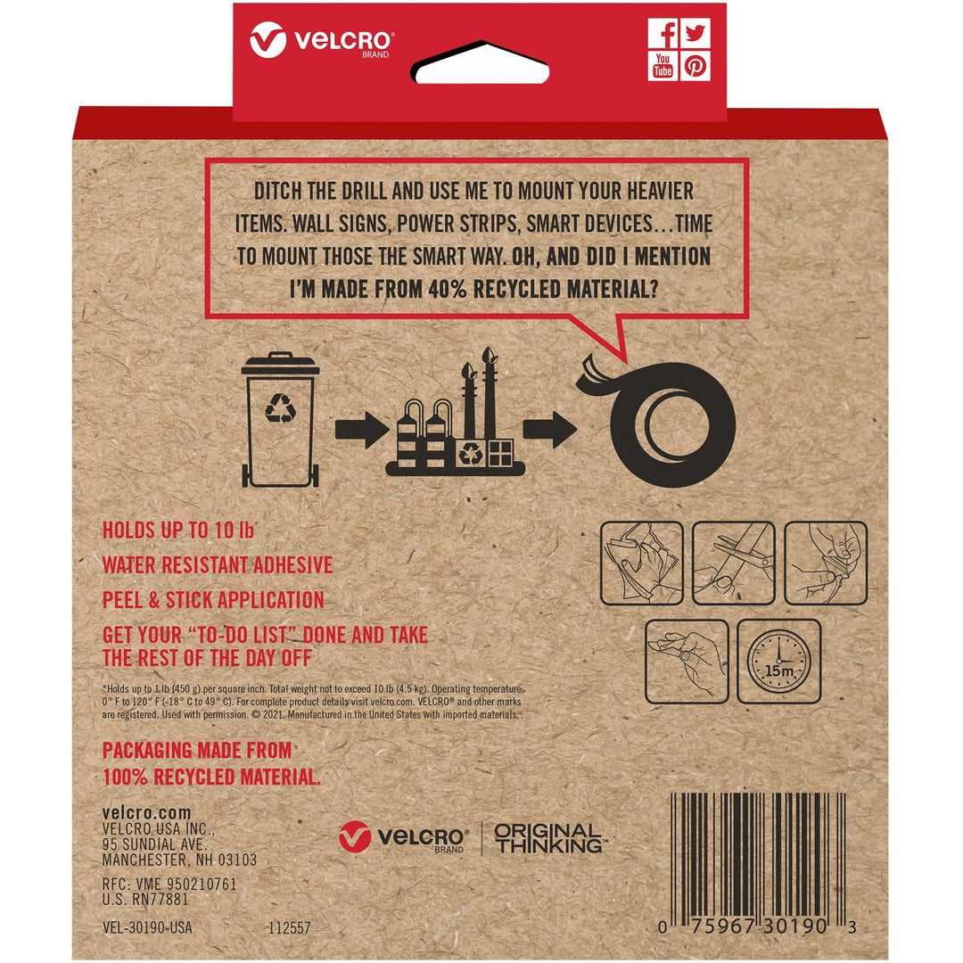 Image of VELCRO® Brand Mounting Tape,Industrial,Recycled,10 lb Cap,1-7/8"x8',BK