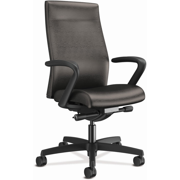 Image of HON® Ignition 2.0 Vinyl Upholstered Mid-Back Task Chair with Fixed Arms, 17" to 22" Seat Height, Black Seat/Back, Black Base