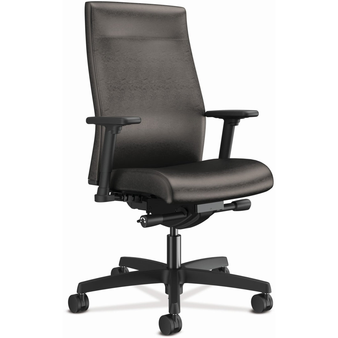 Image of HON® Ignition 2.0 Upholstered Mid-Back Task Chair With Lumbar, Supports 300 Lb, 17" To 22" Seat, Black Vinyl Seat/back, Black Base