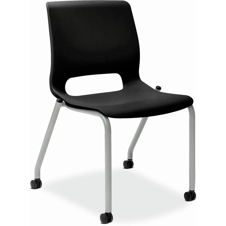 Image of HON® Motivate Four-Leg Stacking Chair with Plastic Seat, Supports 300 lb, 17.75" Seat Height, Onyx Seat/Back, Platinum Base, 2/CT