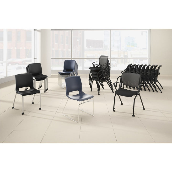 Image of HON® Motivate Four-Leg Stacking Chair, Supports 300 lb, 18.25" Seat Height, Onyx Fabric Seat, Black Back, Platinum Base, 2/Carton