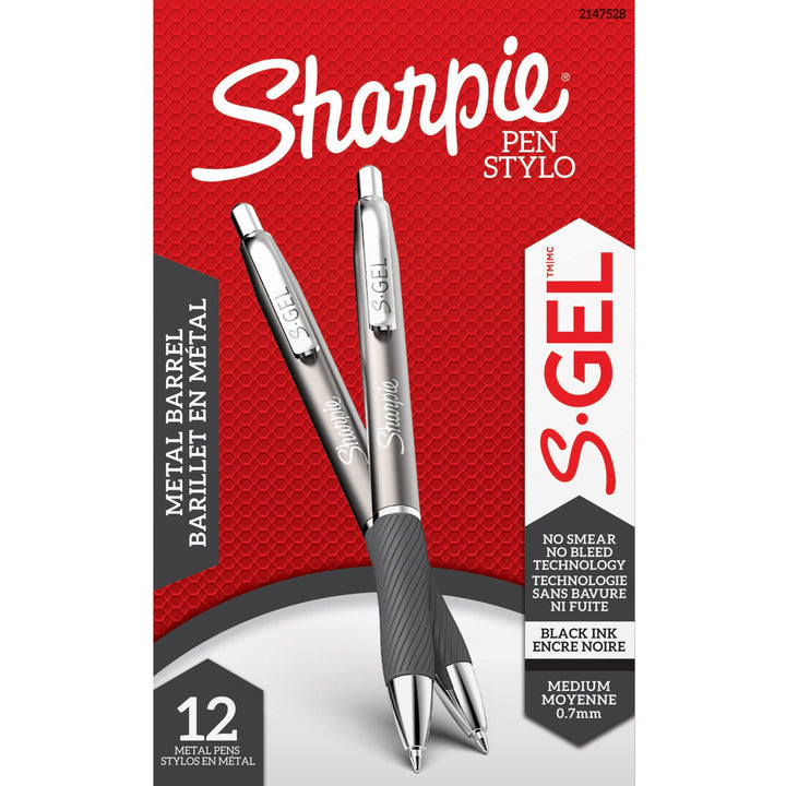Image of Sharpie® S-Gel S-Gel Premium Metal Barrel Gel Pen, Retractable, Medium 0.7 Mm, Black Ink, Gun Metal Gray Barrel, Dozen