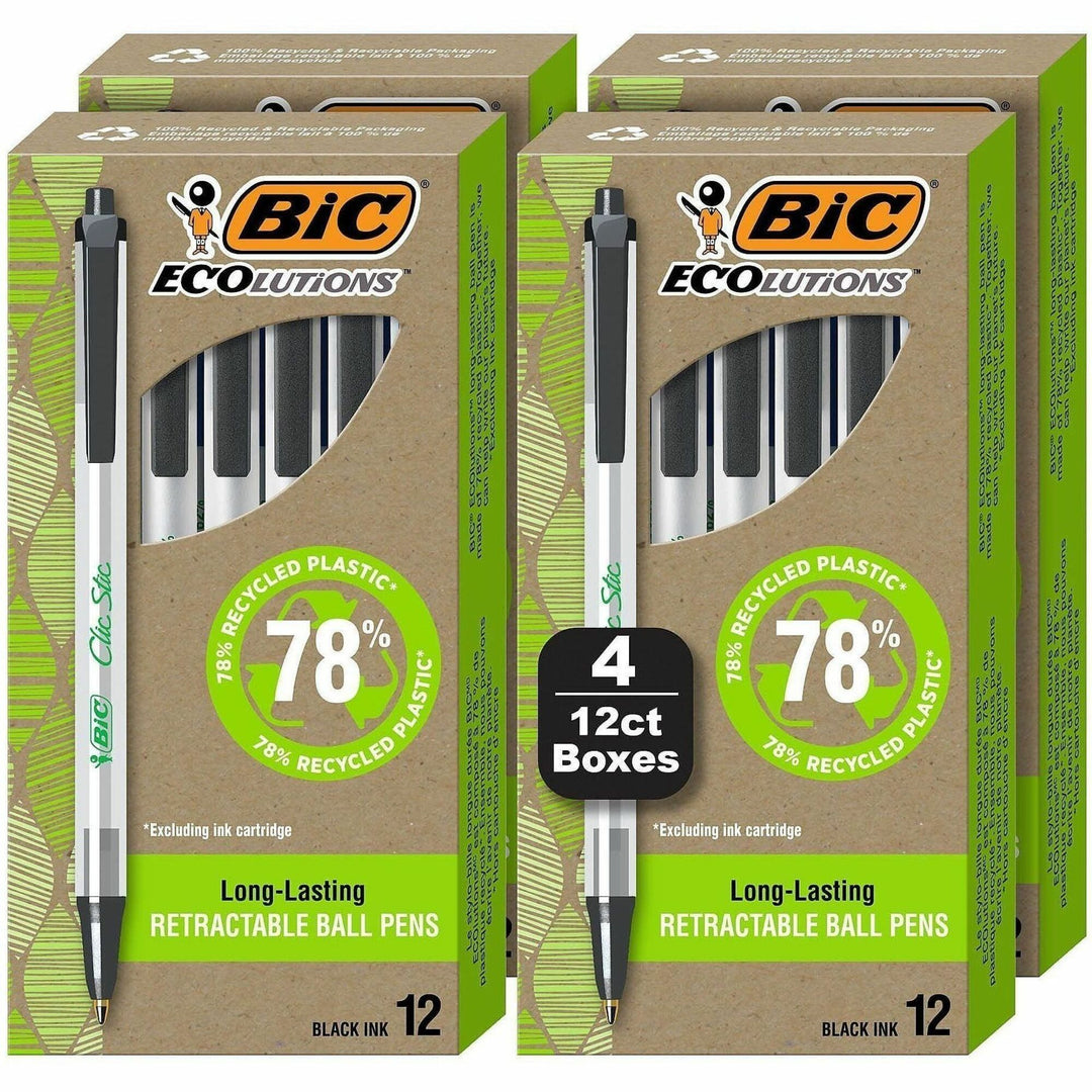 Image of BIC® ReVolution Clic Stic Ballpoint Pen, Retractable, Medium 1 mm, Black Ink, Translucent Frost/Black Barrel, 48/Pack