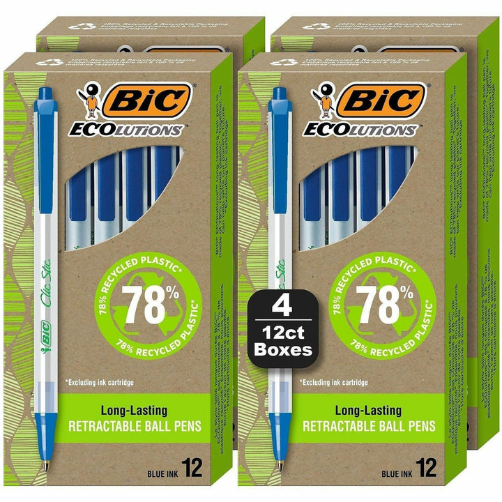 Image of BIC® ReVolution Clic Stic Ballpoint Pen, Retractable, Medium 1 mm, Blue Ink, Translucent Frost/Blue Barrel, 48/Pack