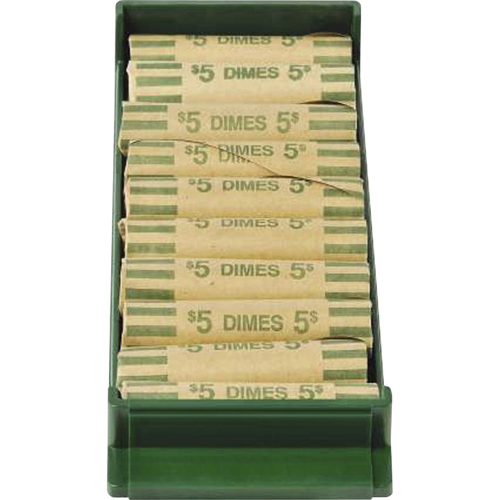 Image of CONTROLTEK® Stackable Plastic Coin Tray, Dimes, 10 Compartments, Stackable, 3.75 X 11.5 X 1.5, Green, 2/pack