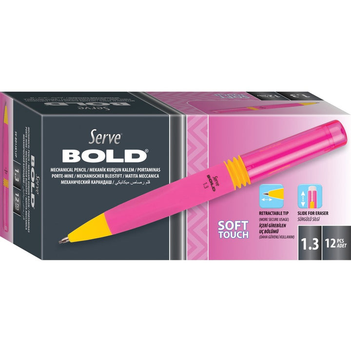 Image of Serve BD13K12P Bold Mechanical Pencil, 1.3 mm Black Lead, Bold Point, Pink Plastic Barrel, 1 Each