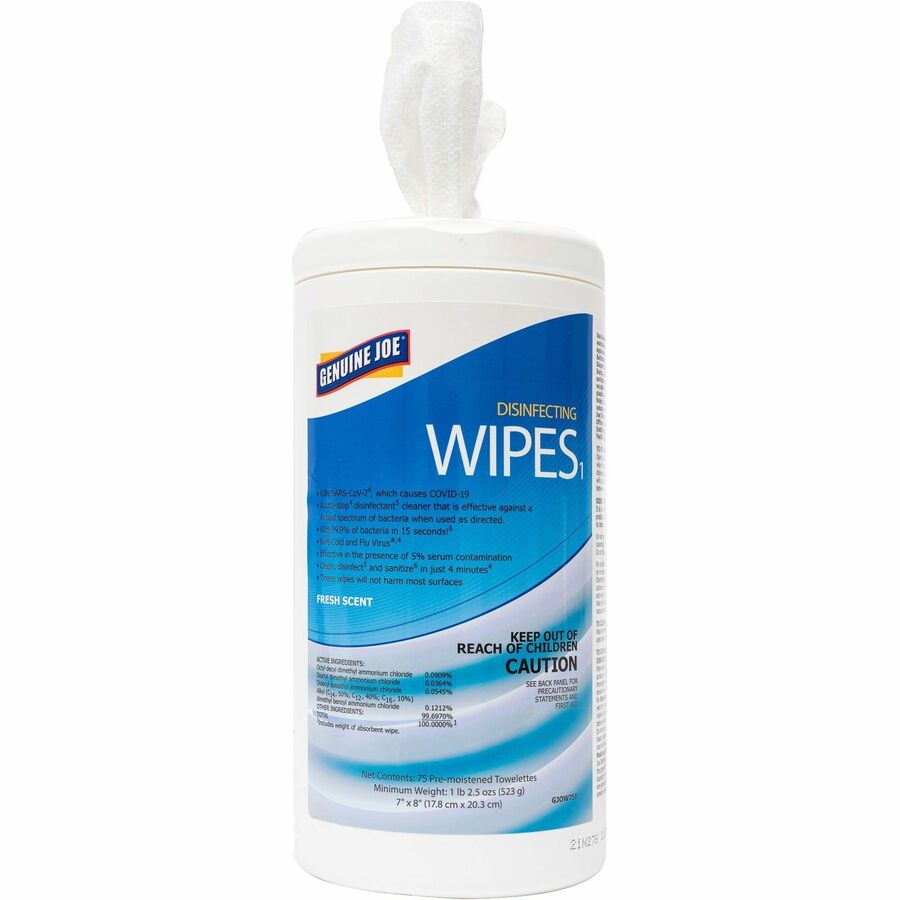 Image of Genuine Joe Wipes,Disinfecting,7"x8",75/Tub,6Tubs/CT,White