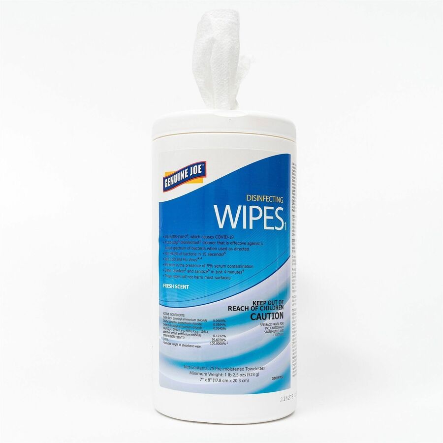 Image of Genuine Joe Wipes,Disinfecting,7"x8",75/Tub,6Tubs/CT,White