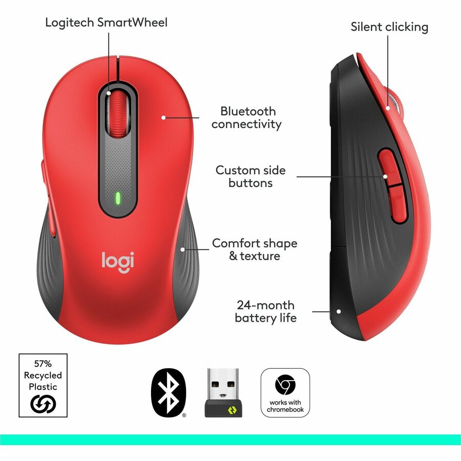Image of Logitech® Signature M650 Wireless Mouse, Large, 2.4 GHz Frequency, 33 ft Wireless Range, Right Hand Use, Red