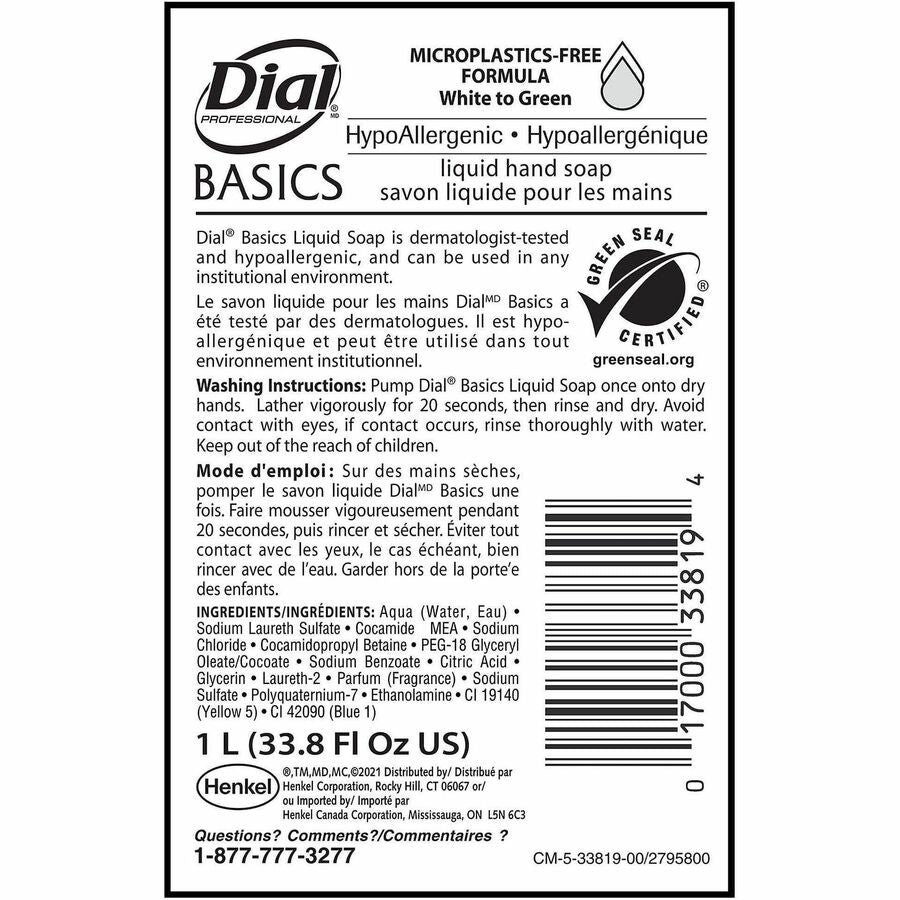 Image of Dial Professional 33821 Basics Liquid Hand Soap, 1.06 quart, Hand, Healthcare, School, Office, Restaurant, Daycare, Green, 1 Each