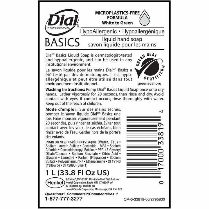 Image of Dial Professional 33821 Basics Liquid Hand Soap, 1.06 quart, Hand, Healthcare, School, Office, Restaurant, Daycare, Green, 1 Each