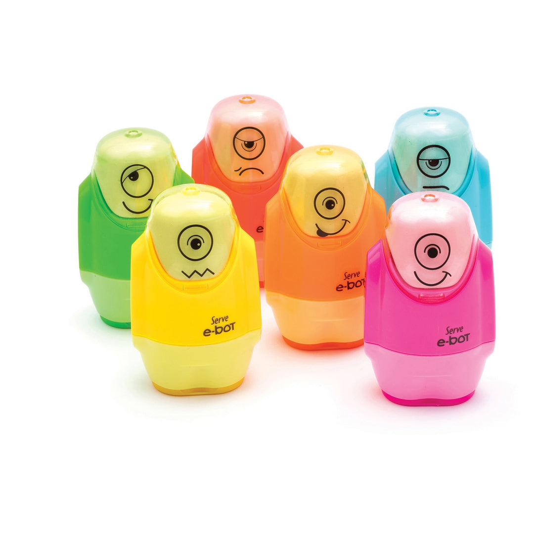 Image of Serve EBOT9KTKR E-Bot Eraser & Sharpener, 2 Hole(s), Plastic, Multicolor, 1 Each