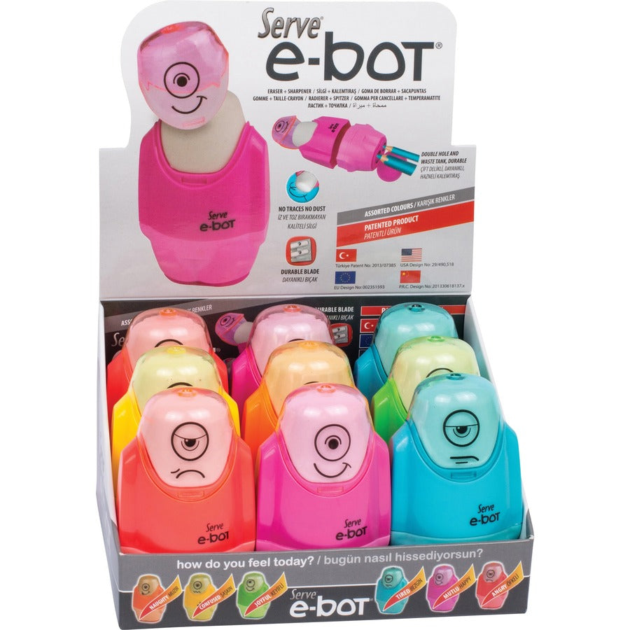 Image of Serve EBOT9KTKR E-Bot Eraser & Sharpener, 2 Hole(s), Plastic, Multicolor, 1 Each
