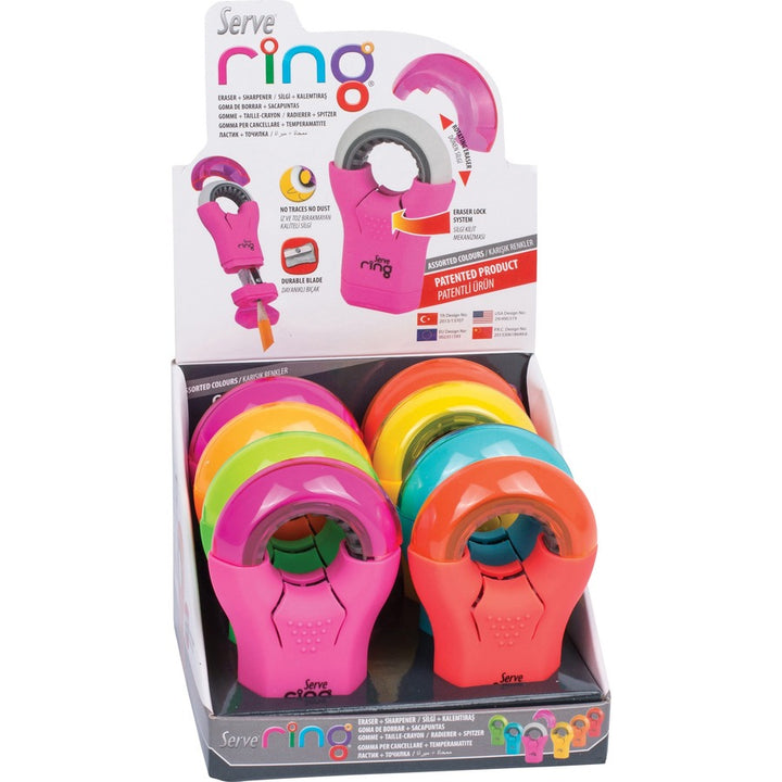 Image of Serve RING8KTKR Ring Eraser & Sharpener, Plastic, Multicolor, 1 Each
