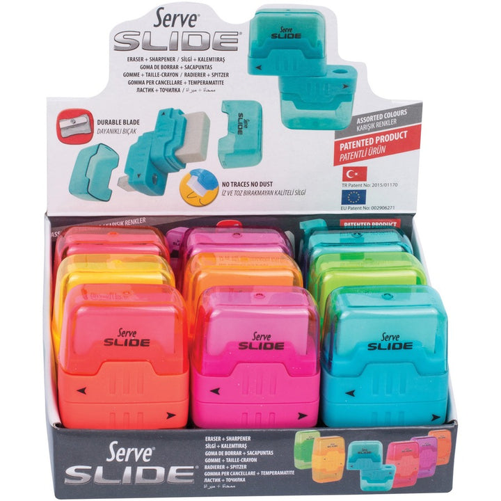 Image of Serve SLIDE9KTKR Slide Eraser & Sharpener, Plastic, Multicolor, 1 Each