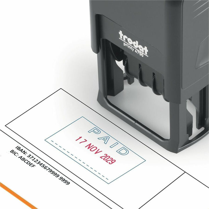 Image of Printy E4754 5-in-1 Date Stamp, Date Stamp, ENTERED, FAXED, PAID, RECEIVED, 10000 Impression(s), Red, Blue, Recycled, 1 Each