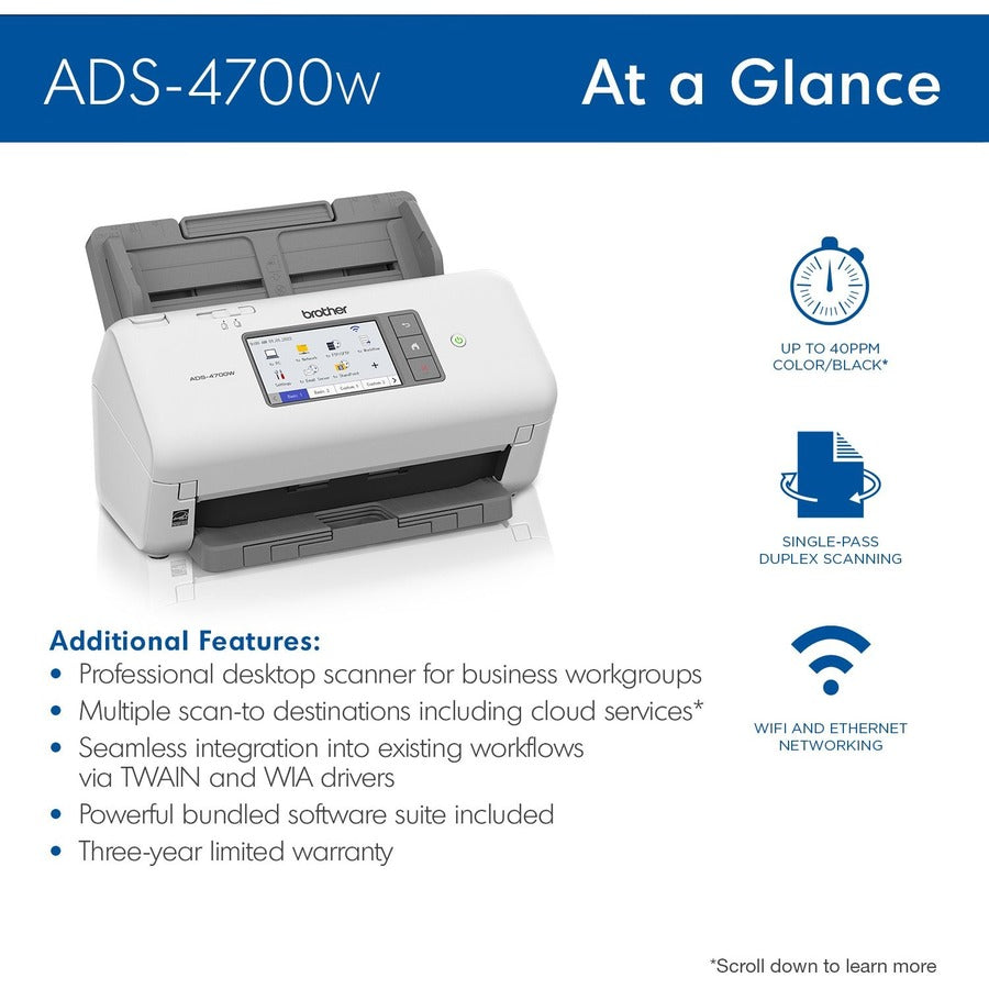 Image of Brother Professional Desktop Scanner ADS-4700W, 48-bit Color, 40 ppm (Mono), 40 ppm (Color), Duplex Scanning, USB, 1 Each