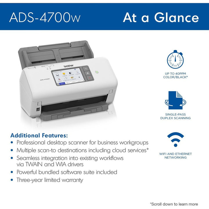 Image of Brother Professional Desktop Scanner ADS-4700W, 48-bit Color, 40 ppm (Mono), 40 ppm (Color), Duplex Scanning, USB, 1 Each