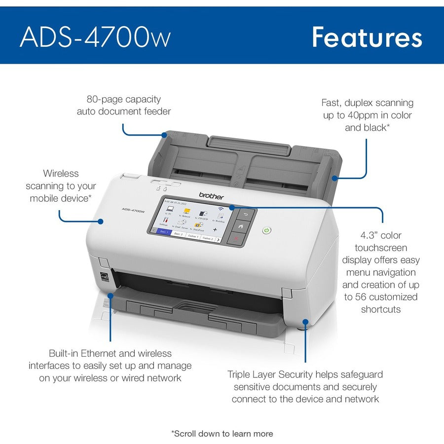 Image of Brother Professional Desktop Scanner ADS-4700W, 48-bit Color, 40 ppm (Mono), 40 ppm (Color), Duplex Scanning, USB, 1 Each