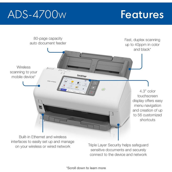 Image of Brother Professional Desktop Scanner ADS-4700W, 48-bit Color, 40 ppm (Mono), 40 ppm (Color), Duplex Scanning, USB, 1 Each