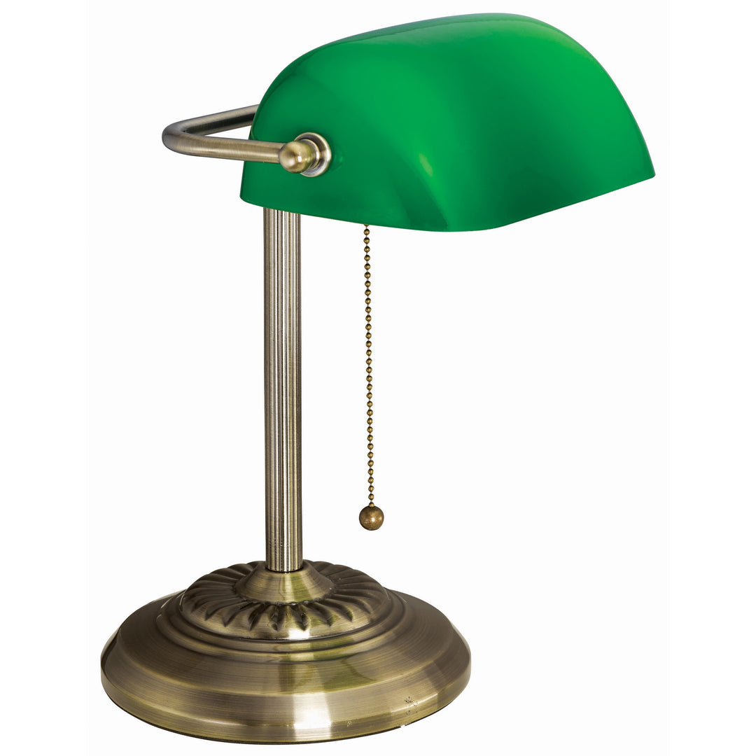 Image of V-Light LED Bankers Lamp with Green Shade, Cable Suspension Neck, 13.5" High, Antique Brass