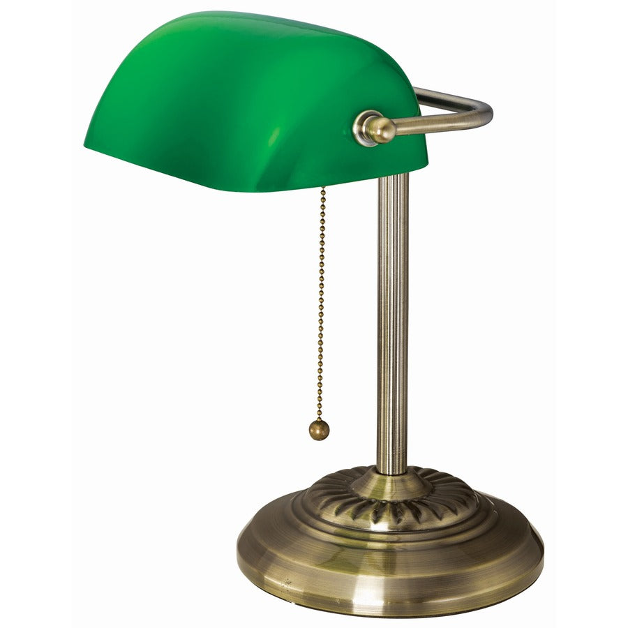 Image of V-Light LED Bankers Lamp with Green Shade, Cable Suspension Neck, 13.5" High, Antique Brass