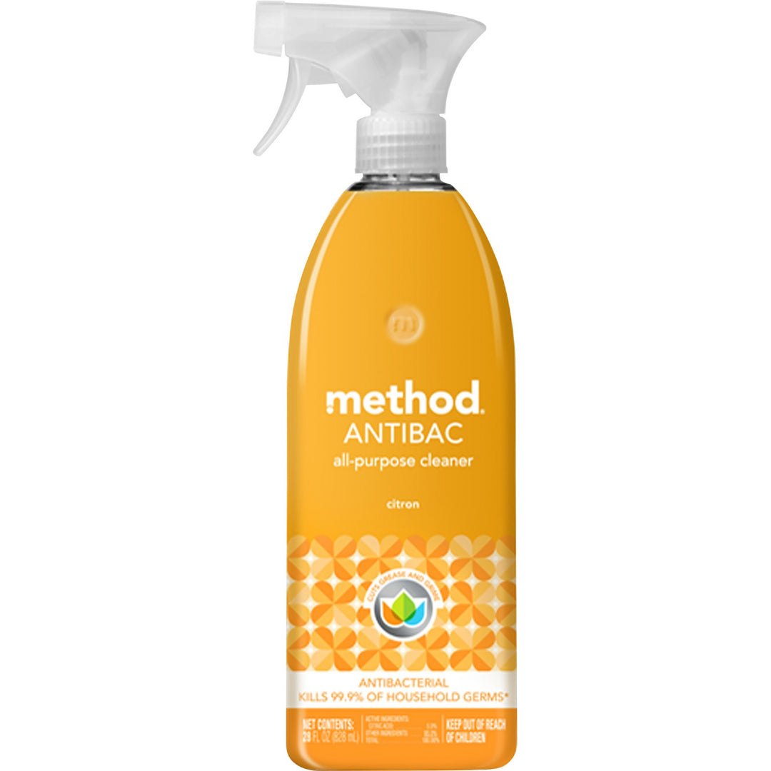 Image of Method 317923 Antibac All-purpose Cleaner, 28 fl oz (0.9 quart), Citron, Fresh Scent, Antibacterial, Disinfectant, Orange, 1 Each