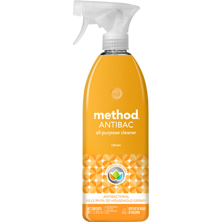 Image of Method 317923 Antibac All-purpose Cleaner, 28 fl oz (0.9 quart), Citron, Fresh Scent, Antibacterial, Disinfectant, Orange, 1 Each