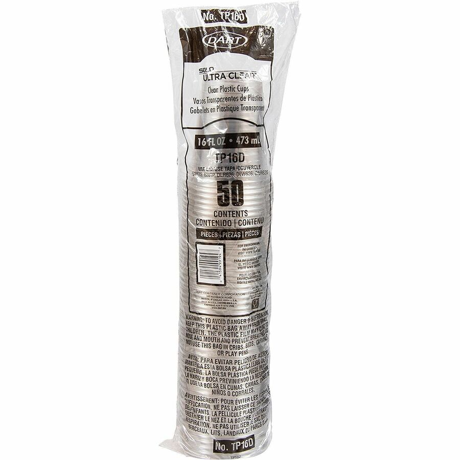 Image of Solo TP16DCT Ultra Clear 16 oz Practical-Fill Cold Cups, 16 fl oz, Clear, Polyethylene Terephthalate (PET), Cold Drink, 50/Pack, 20 / Carton