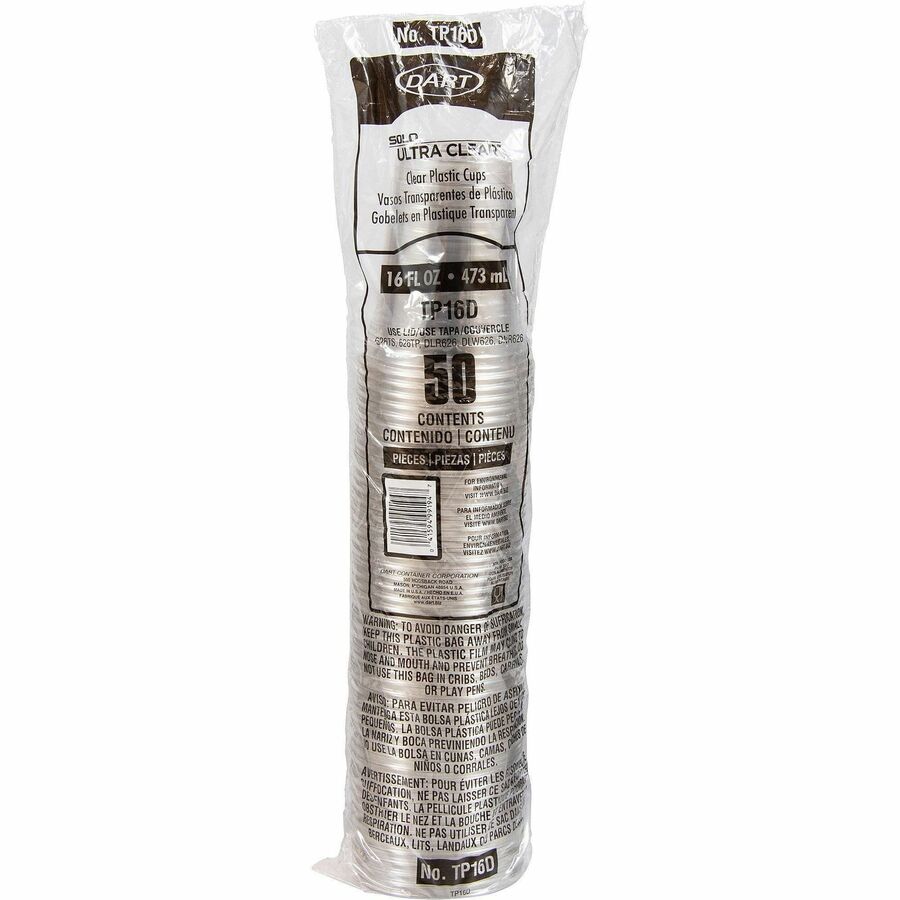 Image of Solo TP16DCT Ultra Clear 16 oz Practical-Fill Cold Cups, 16 fl oz, Clear, Polyethylene Terephthalate (PET), Cold Drink, 50/Pack, 20 / Carton