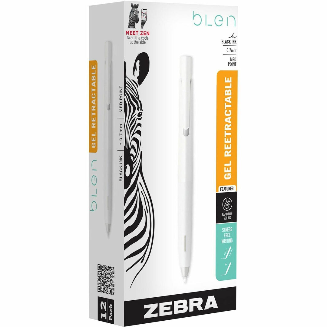 Image of Zebra® bLen Gel Pen, Retractable, Fine 0.7 mm, Black Ink, White Barrel, Dozen