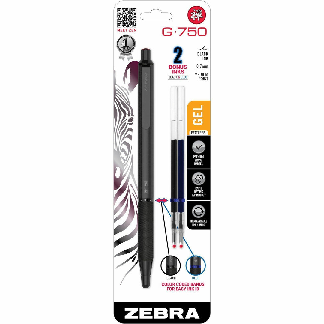 Image of Zebra® Pen,Gel,Retractable,G-750,2 Ink Refills,0.7mm,BK