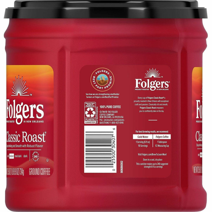 Image of Folgers® 30407 Classic Roast Coffee, Medium, 25.9 oz Per Canister, Ground, Classic Roast, 1 Each