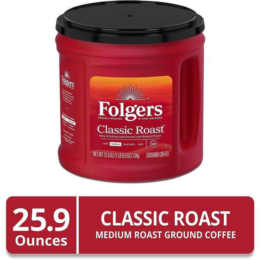 Image of Folgers® 30407 Classic Roast Coffee, Medium, 25.9 oz Per Canister, Ground, Classic Roast, 1 Each