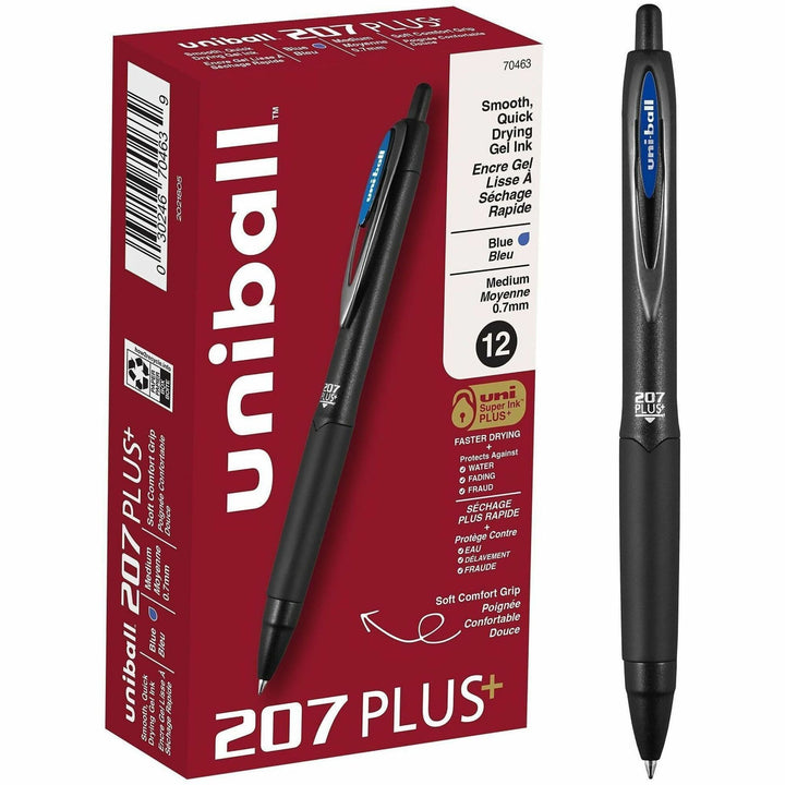 Image of uniball® 207 Plus+ Gel Pen, Retractable, Medium 0.7 mm, Blue Ink, Black Barrel, Dozen