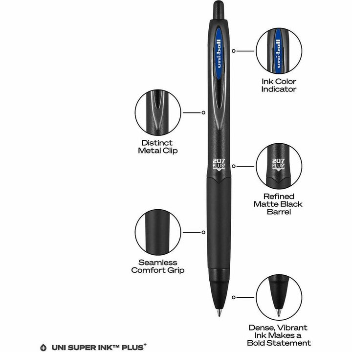 Image of uniball® 207 Plus+ Gel Pen, Retractable, Medium 0.7 mm, Blue Ink, Black Barrel, Dozen