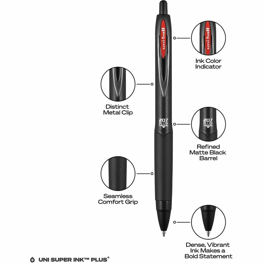 Image of uniball® Pen,Gel,207Plus,Retractable,0.7mm,Red Ink/Black Barrel