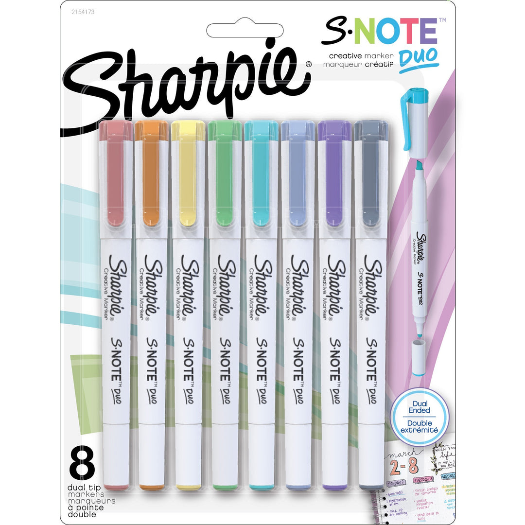 Image of Sharpie® S-Note Creative Markers, Assorted Ink Colors, Bullet/Chisel Tip, White Barrel, 8/Pack