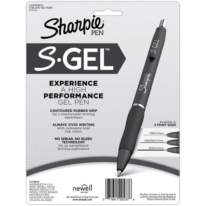 Image of Sharpie 2169762 S-Gel Pens, 0.7 mm Medium Pen Point, Black Ink, Gel-based, White Plastic Barrel, 8 / Pack
