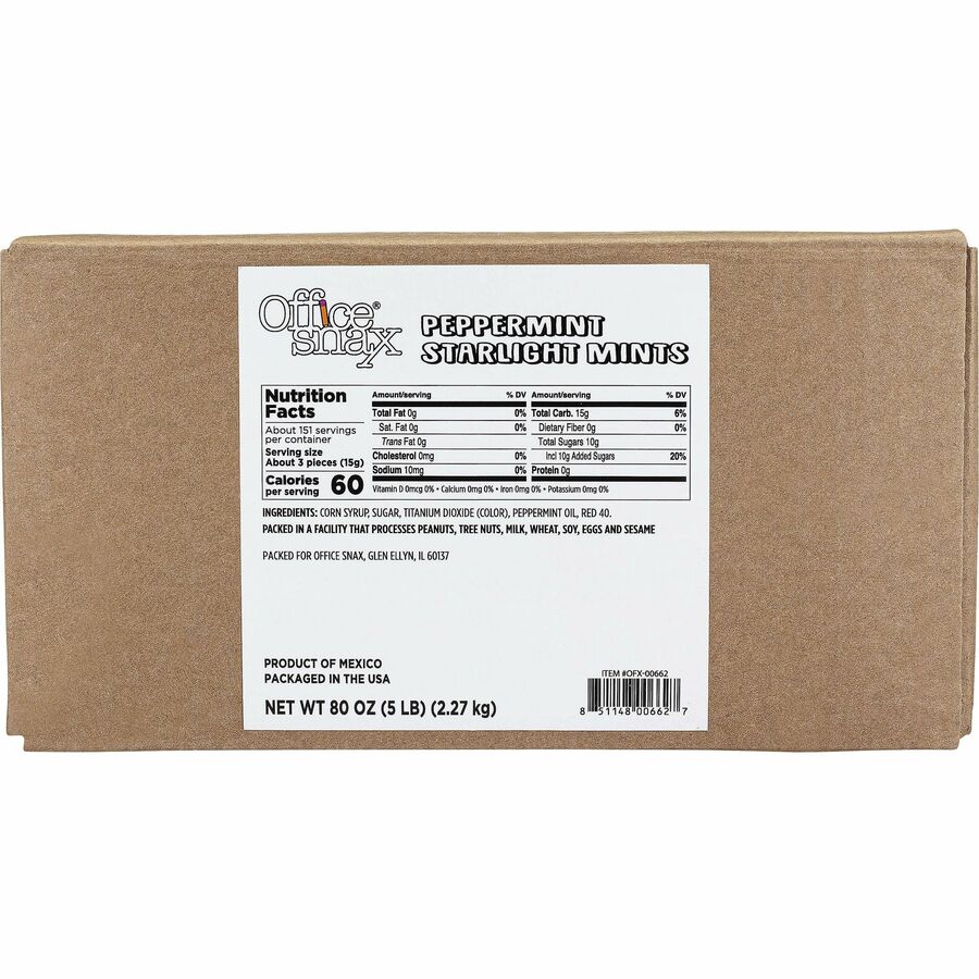 Image of Office Snax 00662 Peppermint Starlight Mints, Peppermint, Individually Wrapped, 5 lb, 1 Carton