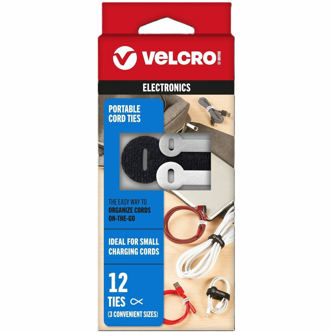 Image of VELCRO® Brand Cord Ties, Portable, Hook/Loop, 12/PK, AST
