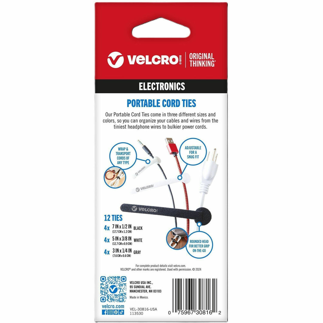 Image of VELCRO® Brand Cord Ties, Portable, Hook/Loop, 12/PK, AST